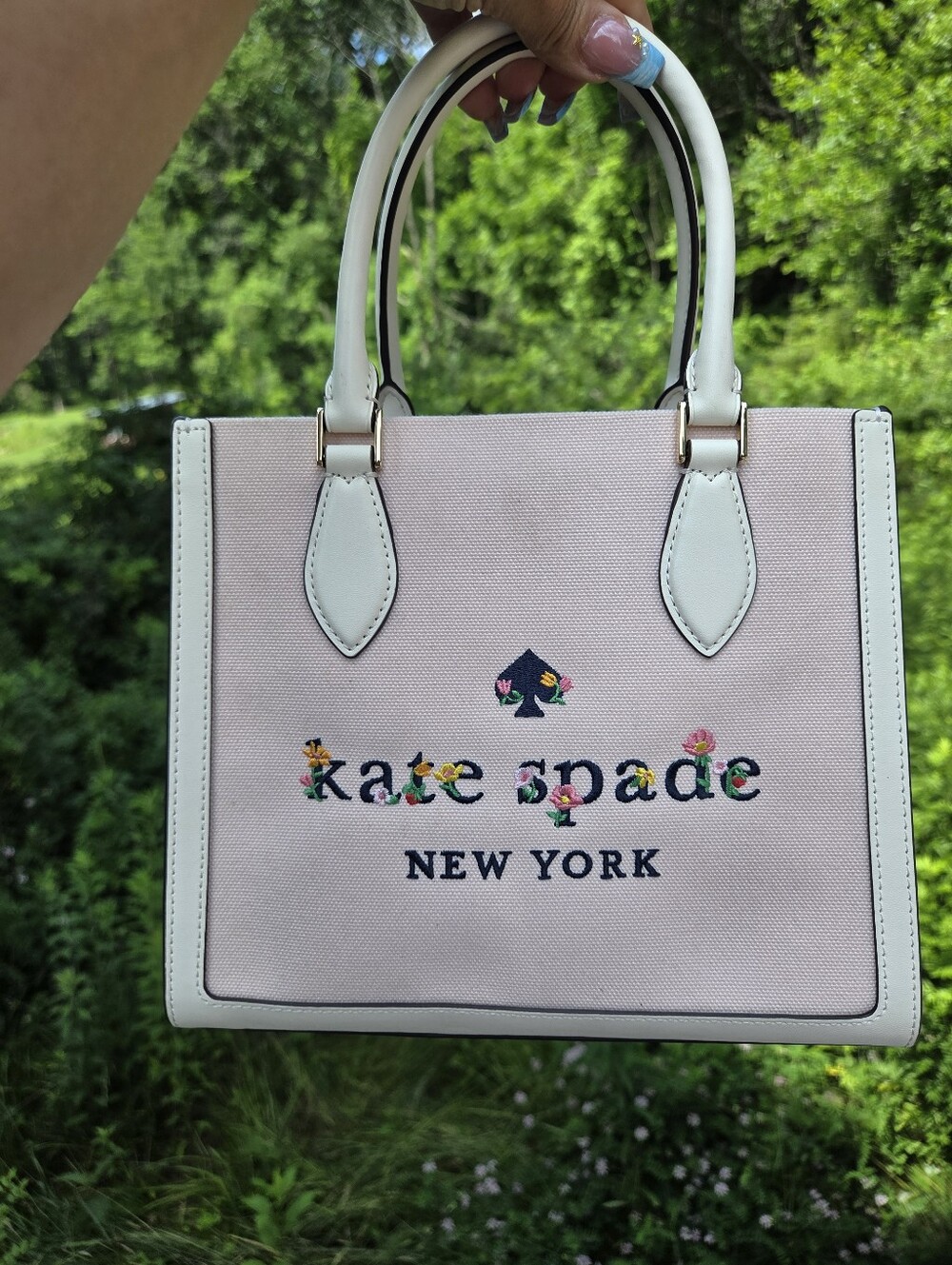 Pink Kate Spade New York Floral Embroidered Canvas Tote Bag Purse